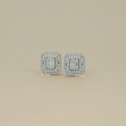 Baguette Cut Lab Grown Diamond Double Halo Earrings