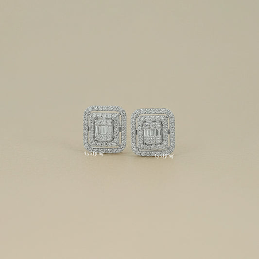 Baguette Cut Lab Grown Diamond Double Halo Earrings