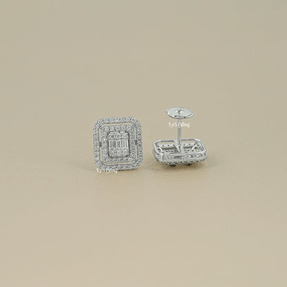 Baguette Cut Lab Grown Diamond Double Halo Earrings